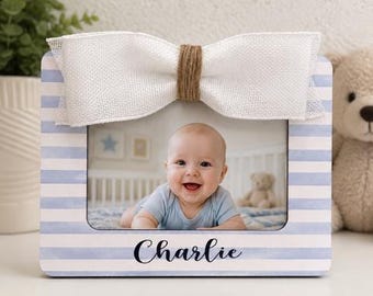 Personalized Baby Boy Picture Frame With Custom Name Blue Striped Nursery Decor Holds 4x6 Photo