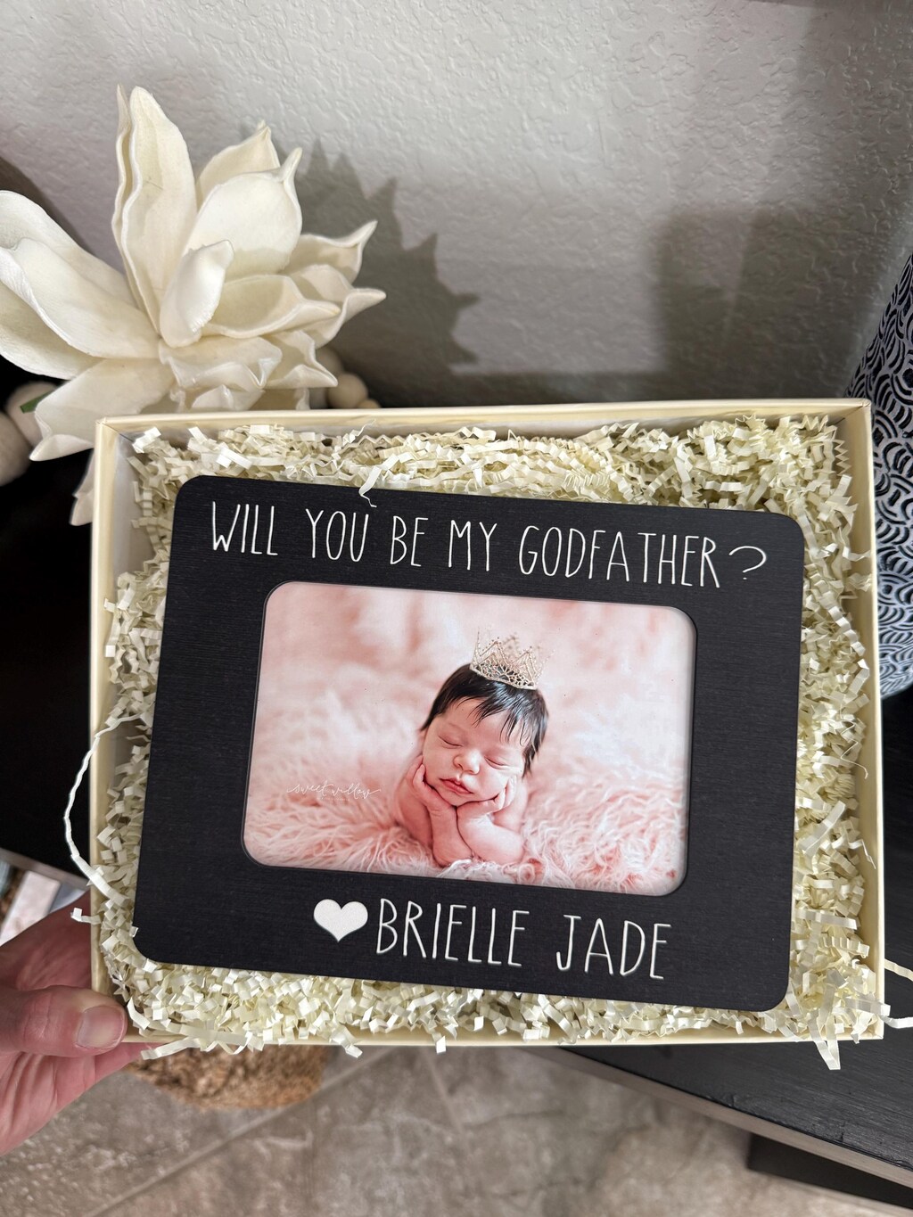 Cornice Portafoto Per Padrino - Regalo Battesimo, Compleanno, Festa Papà - Con Scritta "Grazie Per Essere Il Mio Padrino" - Cuore In Fili Di Cotone, Formato 10x15