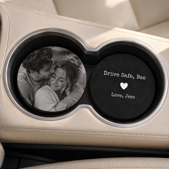 Couples Car Coasters Set of 2 Personalized Photo Car Coaster Boyfriend Gift Girlfriend Gift Custom Drive Safe Car Coaster Cork Back Gift