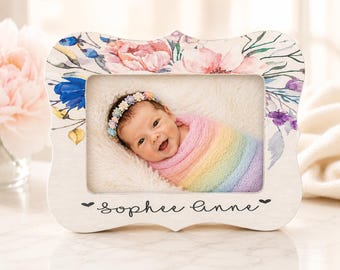 Personalized Baby Girl Picture Frame, Floral Newborn Photo Frame, Custom Baby Name Frame, Nursery Decor, Baby Shower Gift