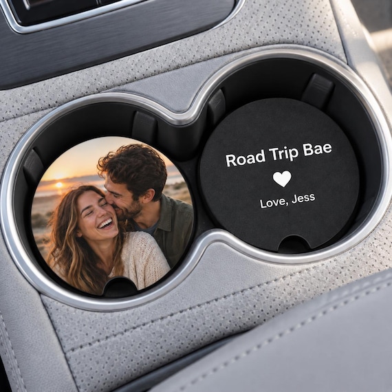 Personalized Car Coasters Set Of 2 Custom Couple Photo Coaster Road Trip Bae Gift For Boyfriend Girlfriend Anniversary Gift Car Accessory