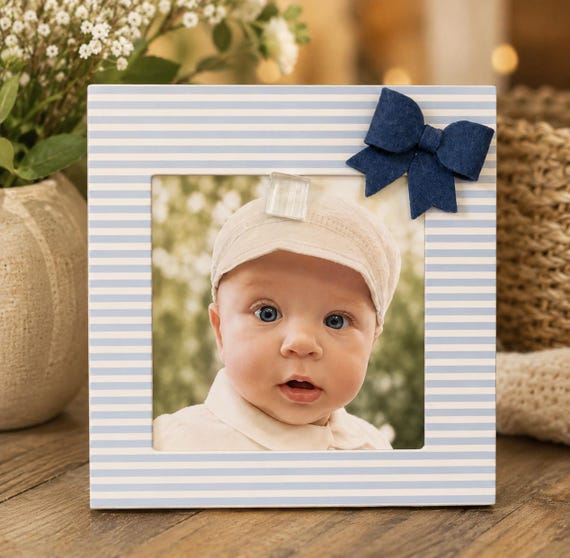 Personalized Baby Boy Picture Frame Blue Bow Nursery Decor Custom Baby Photo Frame Baby Shower Gift Newborn Boy Gift Idea