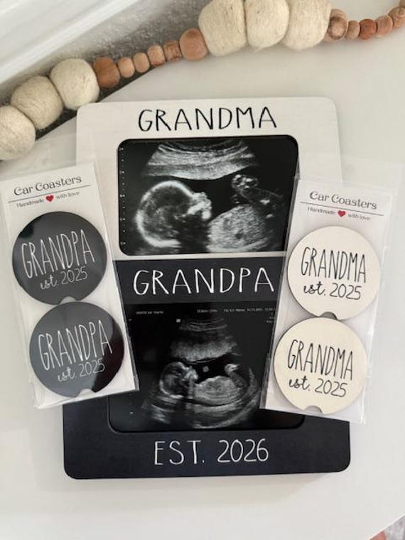 Personalized New Grandparent Gift Basket – Grandma & Grandpa EST. 2025 Frame + Car Coaster Set – Baby Announcement Keepsake Bundle