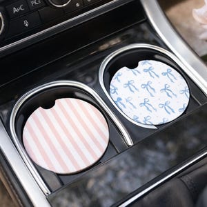 Coquette Car Coasters Set Blue Bow Pink Stripe Gift Idea for Her Feminine Aesthetic Car Accessories Cute Car Decor Pretty Driver Gift