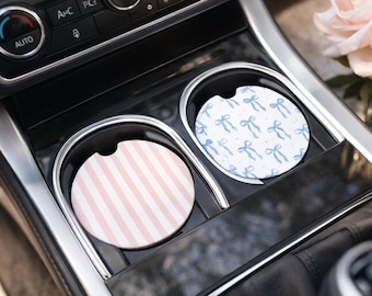 Coquette Car Coasters Set Blue Bow Pink Stripe Gift Idea for Her Feminine Aesthetic Car Accessories Cute Car Decor Pretty Driver Gift