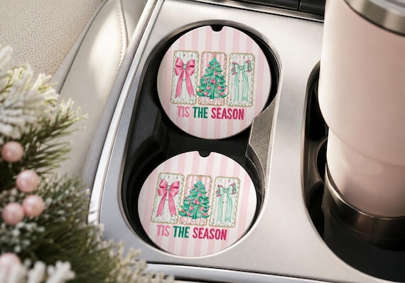 Car Coaster Set Gift Idea Christmas Tis the Season Pink Coquette Car Coaster Holiday Car Accessories Stocking Stuffer Gift for Her