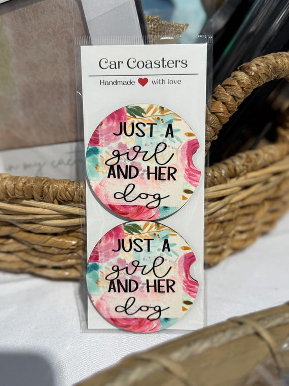 Just a Girl and Her Dog Car Coasters – Set of 2 Cork Car Accessories – Gift for Dog Moms – Floral Pet Lover Car Decor - Dog Mom Gifts