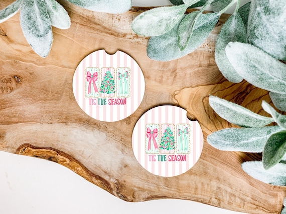 Cute Trendy Christmas Car Coaster: Coquette Bow Holiday Tis the Season