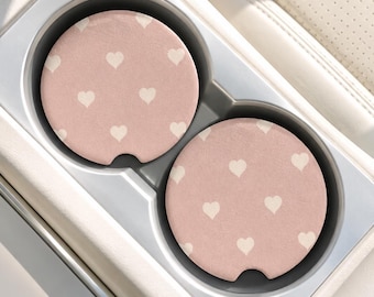 Pink Heart Car Coasters Set of 2 Cute Car Accessories Valentines Car Coaster Cork Back Car Cup Holder Coaster Heart Car Decor Gift for Her