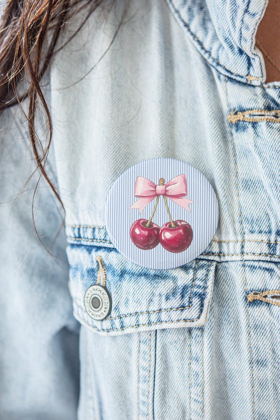 Cherry Button Gift Idea Pink Bow Pin Cute Retro Accessory 2.25 3 Inch Button Aesthetic Pin Up Style Cherry Lover Gift