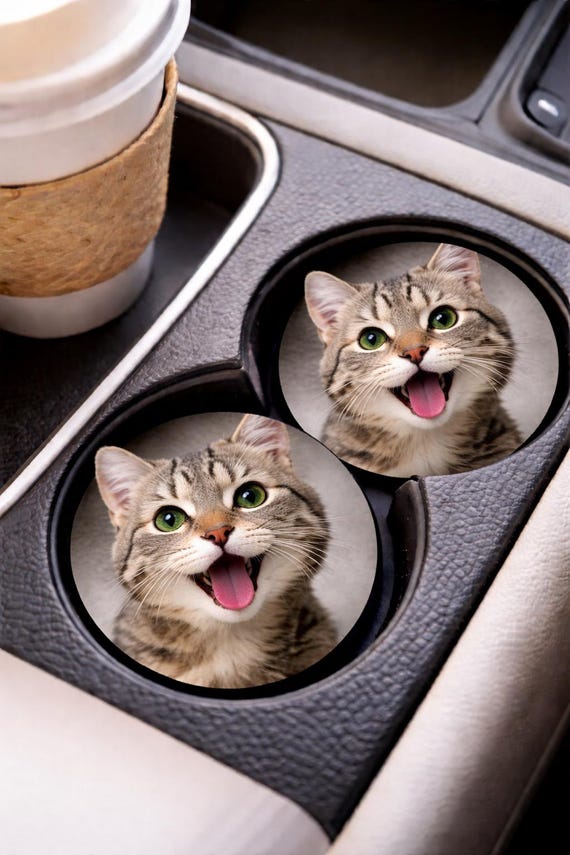Personalized Cat Car Coasters Gift Idea Custom Cat Lover Car Accessory Cute Cat Cup Holder Coaster Set