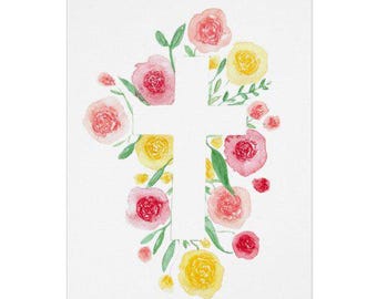 Flower Cross Watercolor Print Greeting Cards - Perfect for Easter, Baptism, Christening, Communion, Confirmation, Wedding, Christian Events