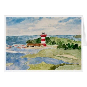 Cartão comemorativo com estampa aquarela do farol da cidade portuária de Hilton Head Island - perfeito para aniversário, agradecimento, condolências e muito mais