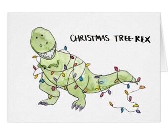 Christmas Card Funny "Christmas Tree-Rex" Watercolor Print Greeting Card - Perfect for Christmas, Holiday Season - Dinosaurs, T-Rex