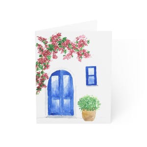 Cartes de voeux aquarelles porte de la Grèce et bougainvilliers - Parfaites pour les cartes de voeux, les anniversaires, les remerciements et plus encore