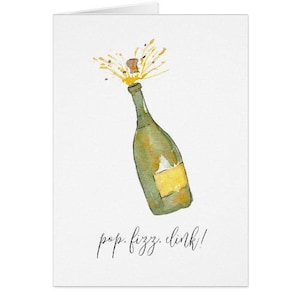 Champagne wenskaart "Pop, Fizz, Clink" aquarelprint - Perfect voor bruiloften, verlovingen, diploma-uitreikingen, promoties en meer