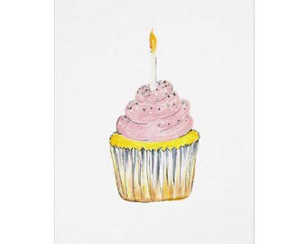 Birthday Cupcake Hand Painted Print Greeting Card - Perfect for Birthdays and More