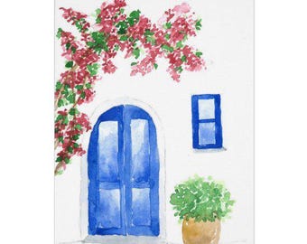 Greece Door and Bougainvillea Watercolor Greeting Cards - Perfect for Greeting Card, Birthday, Thank You, and More