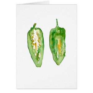 Tarjeta de felicitación con estampado de acuarela de jalapeño: perfecta para cumpleaños, aniversarios, San Valentín y más.