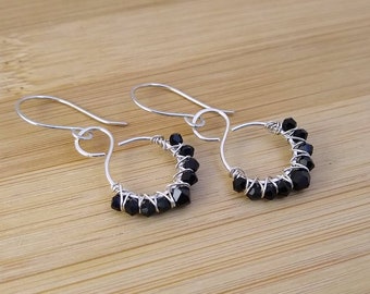 Black Wire Wrapped Sterling Silver Earrings. Black Glass Earrings. Black Swarovski Crystal Earrings. Gothic Style Earrings Wedding Gift