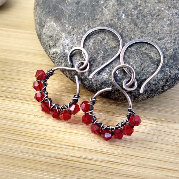 Cherry Red Earrings. Wire Wrapped Copper Earrings. Oxidized Copper Hoops. Red Swarovski Crystal Earrings. Bohemian Earrings. Boho Wedding.