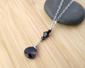 Black Swarovski Necklace Boho Beaded Necklace Black Crystal Pendant Wire Wrapped Sterling Silver Necklace Long Black Necklace Gift for Her