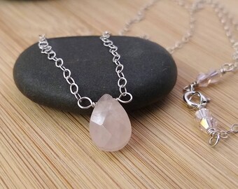 Pink Quartz Gemstone Necklace, Rose Quartz Pendant, Pastel Pink Necklace, Oxidized Sterling Silver Necklace, Teardrop Frosted Gemstone