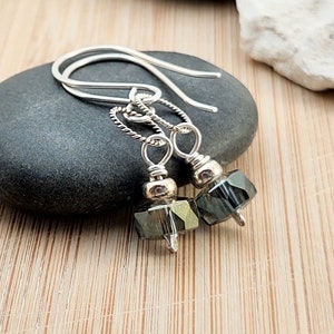 Dark Green Earrings, Czech Glass, Sterling Silver Wire Wrapped Earrings, Moss Green Earrings, Long Boho Earrings, August Birthstone