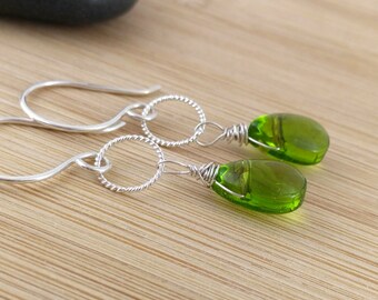 Peridot Green Czech Glass Earrings Sterling Silver Wire Wrapped Earrings Moss Green Earrings Glass Teardrop Earrings August Birthstone