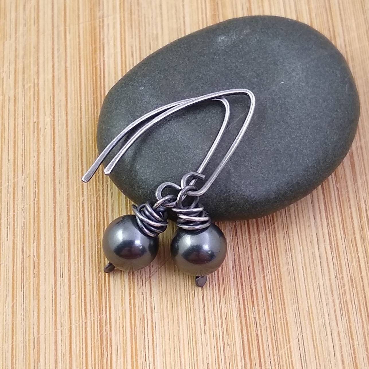 Oxidized Sterling Silver and Pearl Earrings; Tree Bark Earrings