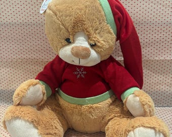 Fiesta Christmas Teddy Bear Plush | Vintage Holiday Bear in Red Sweater and Santa Hat