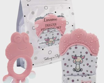 Liname Deluxe Teething Set (Pink) - Includes Soothing Mitten & Bonus Teether Toy