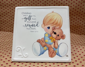 Precious Moments Ceramic Boy with Teddy Bear Plaque