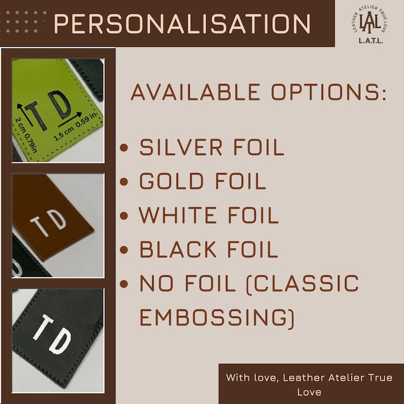 Puede incluir: Imagen de etiquetas de cuero personalizadas con las iniciales "TD". Opciones disponibles: plata, oro, blanco y negro, adem&aacute;s de relieve cl&aacute;sico. Las etiquetas miden 2 cm x 1,5 cm.