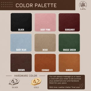 May include: A color palette chart displaying nine leather swatches in black, baby pink, burgundy, baby blue, beige, grass green, brown, cognac, and ginger. Below, silver and gold metal turn-lock hardware options are shown with text instructions.