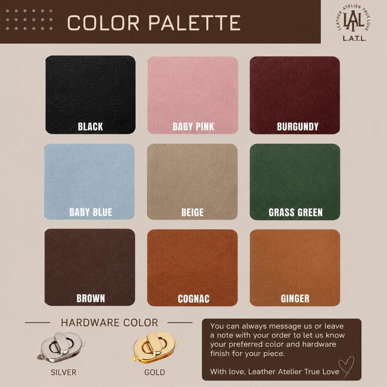 May include: A color palette chart displaying nine leather swatches in black, baby pink, burgundy, baby blue, beige, grass green, brown, cognac, and ginger. Below, silver and gold metal turn-lock hardware options are shown with text instructions.