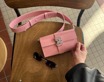 Pink leather mini crossbody bag: Everyday minimalist phone purse