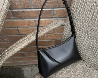 Black Leather Shoulder Bag: Minimalist Leather Purse, Leather Handbag Woman