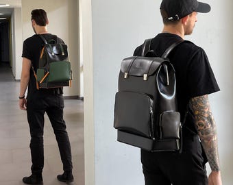Leather Laptop Backpack: Black Travel Rucksack Work Daypack