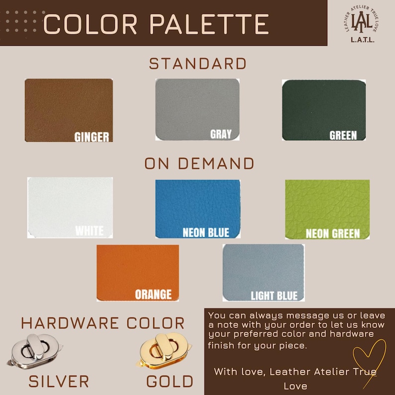 Puede incluir: Paleta de colores con muestras de jengibre, gris, verde, blanco, azul ne&oacute;n, verde ne&oacute;n, naranja y azul claro. Opciones de color de herrajes: plata y oro. El texto dice "PALETA DE COLORES" y "COLOR DE HERRAJES".