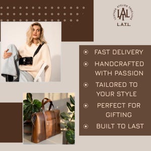 Op de afbeelding: De afbeelding toont een bruine leren aktetas en een zwarte crossbodytas. De tekst luidt "Leather Atelier LAL" en vermeldt kenmerken zoals snelle levering, handgemaakt met passie, afgestemd op uw stijl en gebouwd om lang mee te gaan.