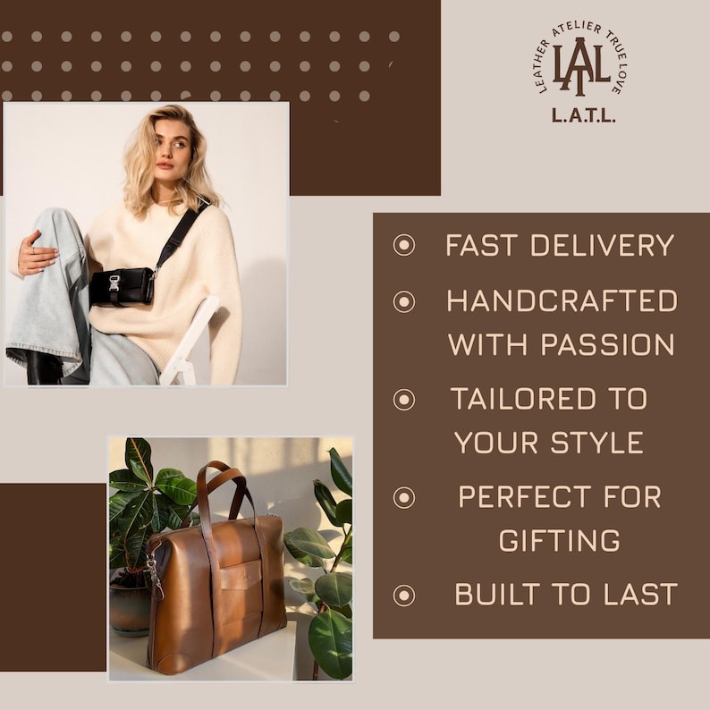 Op de afbeelding: De afbeelding toont een bruine leren aktetas en een zwarte crossbodytas. De tekst luidt "Leather Atelier LAL" en vermeldt kenmerken zoals snelle levering, handgemaakt met passie, afgestemd op uw stijl en gebouwd om lang mee te gaan.
