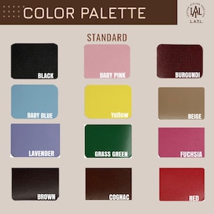 Puede incluir: Paleta de colores con muestras rectangulares etiquetadas: Negro, Rosa Beb&eacute;, Borgo&ntilde;a, Azul Beb&eacute;, Amarillo, Beige, Lavanda, Verde Hierba, Fucsia, Marr&oacute;n, Co&ntilde;ac y Rojo. El texto "COLOR PALETTE" est&aacute; en la parte superior.