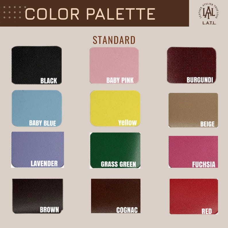 Puede incluir: Paleta de colores con muestras rectangulares etiquetadas: Negro, Rosa Beb&eacute;, Borgo&ntilde;a, Azul Beb&eacute;, Amarillo, Beige, Lavanda, Verde Hierba, Fucsia, Marr&oacute;n, Co&ntilde;ac y Rojo. El texto "COLOR PALETTE" est&aacute; en la parte superior.