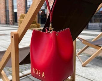 Leather Bucket Bag: Custom Name Purse, Crossbody Bag, Personalized Gift for Her