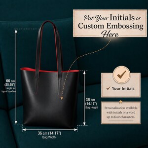 May include: A black tote bag with red interior lining and two shoulder straps. Text indicates a height of 25.98 inches to the top of handles, a bag height of 14.17 inches, and a width of 14.17 inches. Text states: Put Your Initials or Custom Embossing Here.