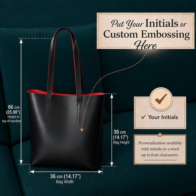 May include: A black tote bag with red interior lining and two shoulder straps. Text indicates a height of 25.98 inches to the top of handles, a bag height of 14.17 inches, and a width of 14.17 inches. Text states: Put Your Initials or Custom Embossing Here.