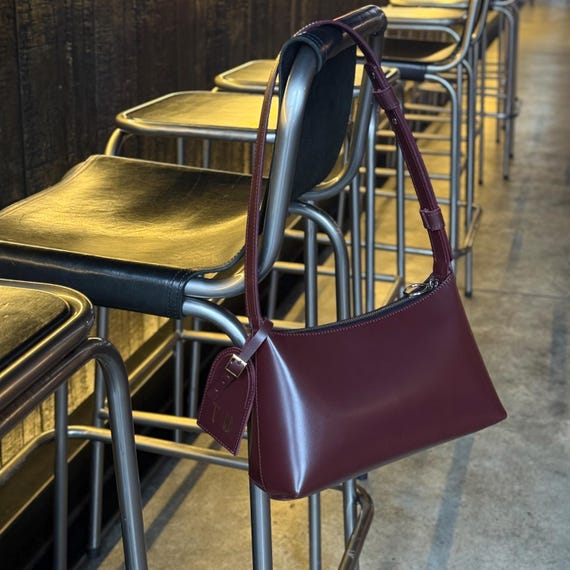 Burgundy Leather Baguette Bag: Minimalist Shoulder Purse for Everyday Use and Gift for Her