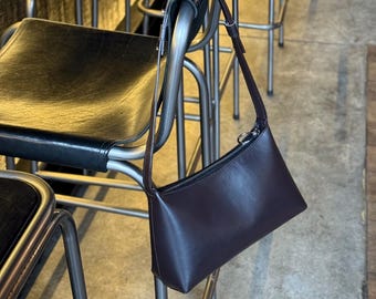Brown  Leather Baguette Bag: Minimalist Leather Shoulder Bag, Small Leather Purse, Handmade Women’s Bag