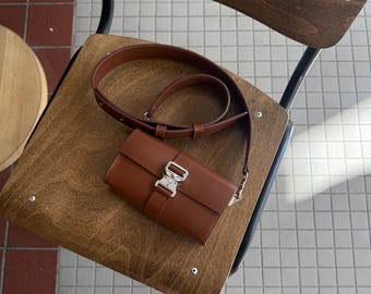 Cognac Brown Leather Mini Crossbody Phone Bag: Minimalist Everyday Purse
